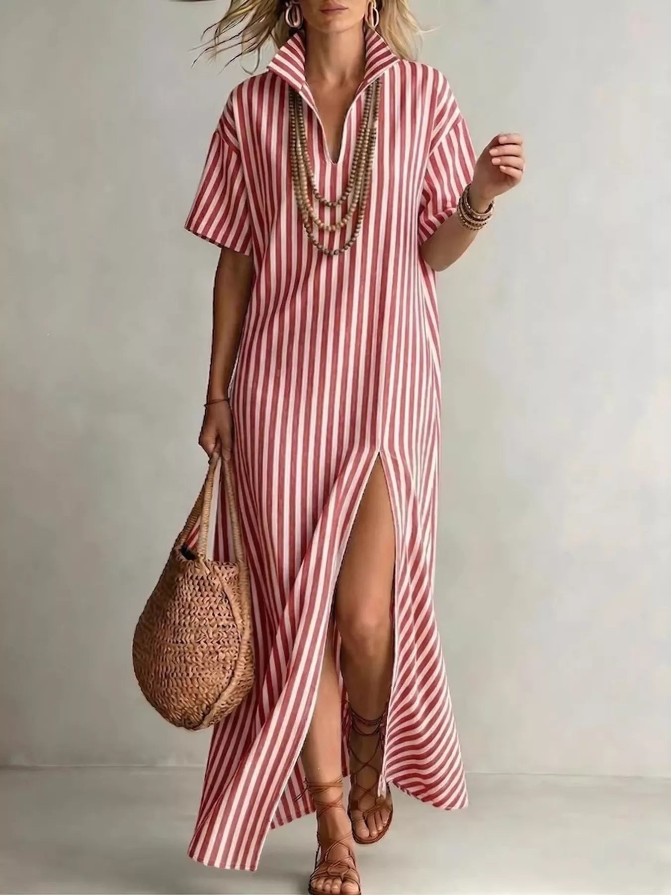 Red striped maxi dress with side slit, short sleeves and V-neck