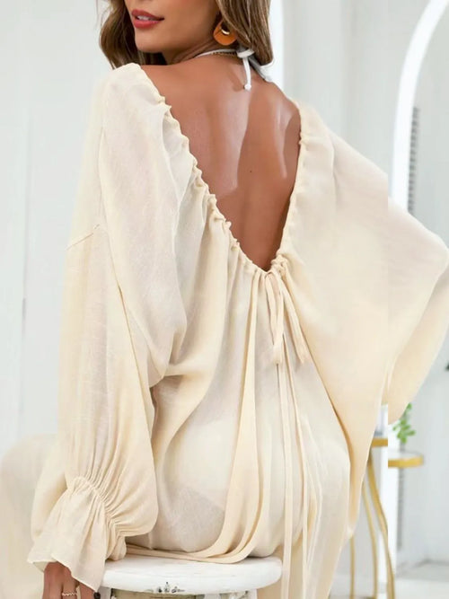 Pastel yellow backless drawstring cover-up with flounce sleeves and gathered neckline