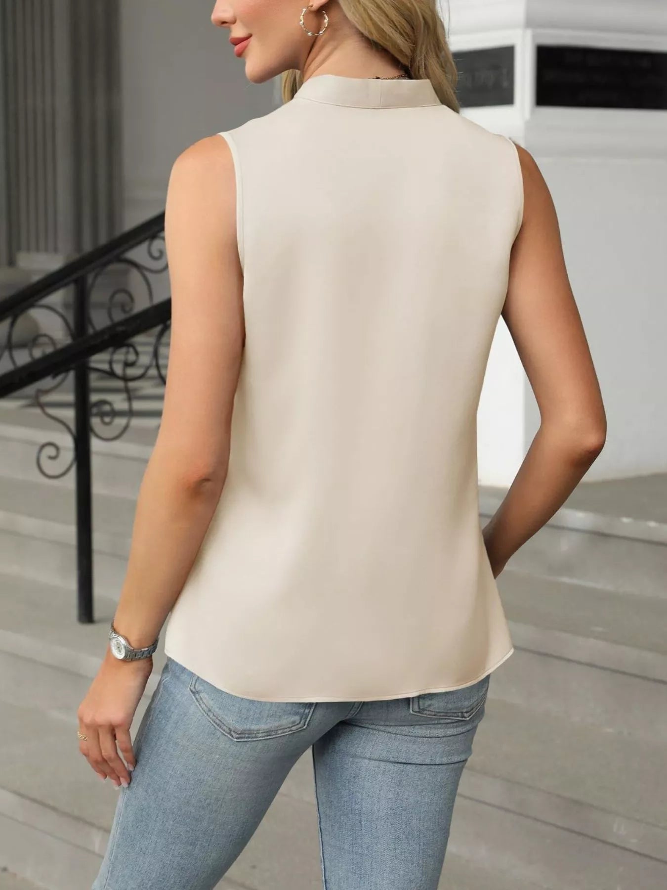 Cedar & Moore V-Neck Satin Tank, beige satin sleeveless top on model