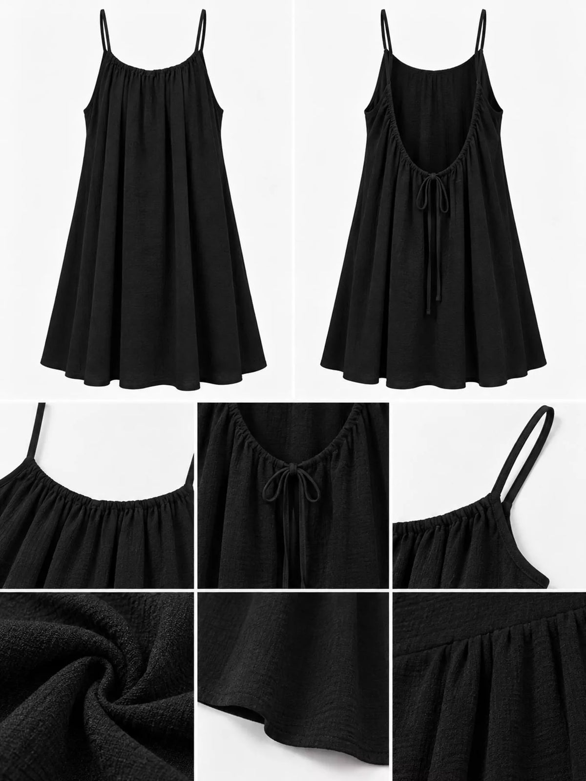 Black mini dress with spaghetti straps, gathered bodice, and tie at open back