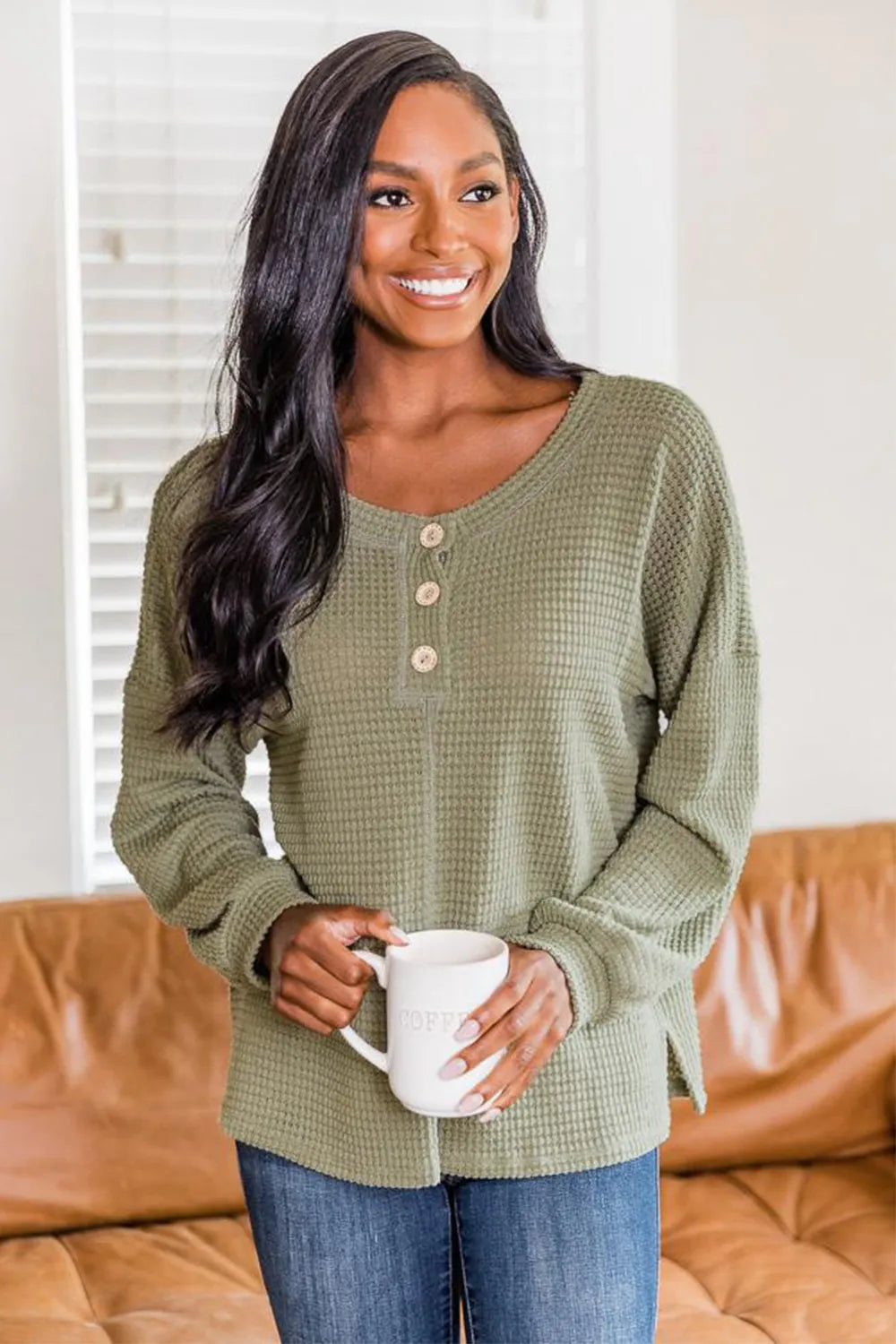 Matcha green waffle knit long sleeve henley top with button placket