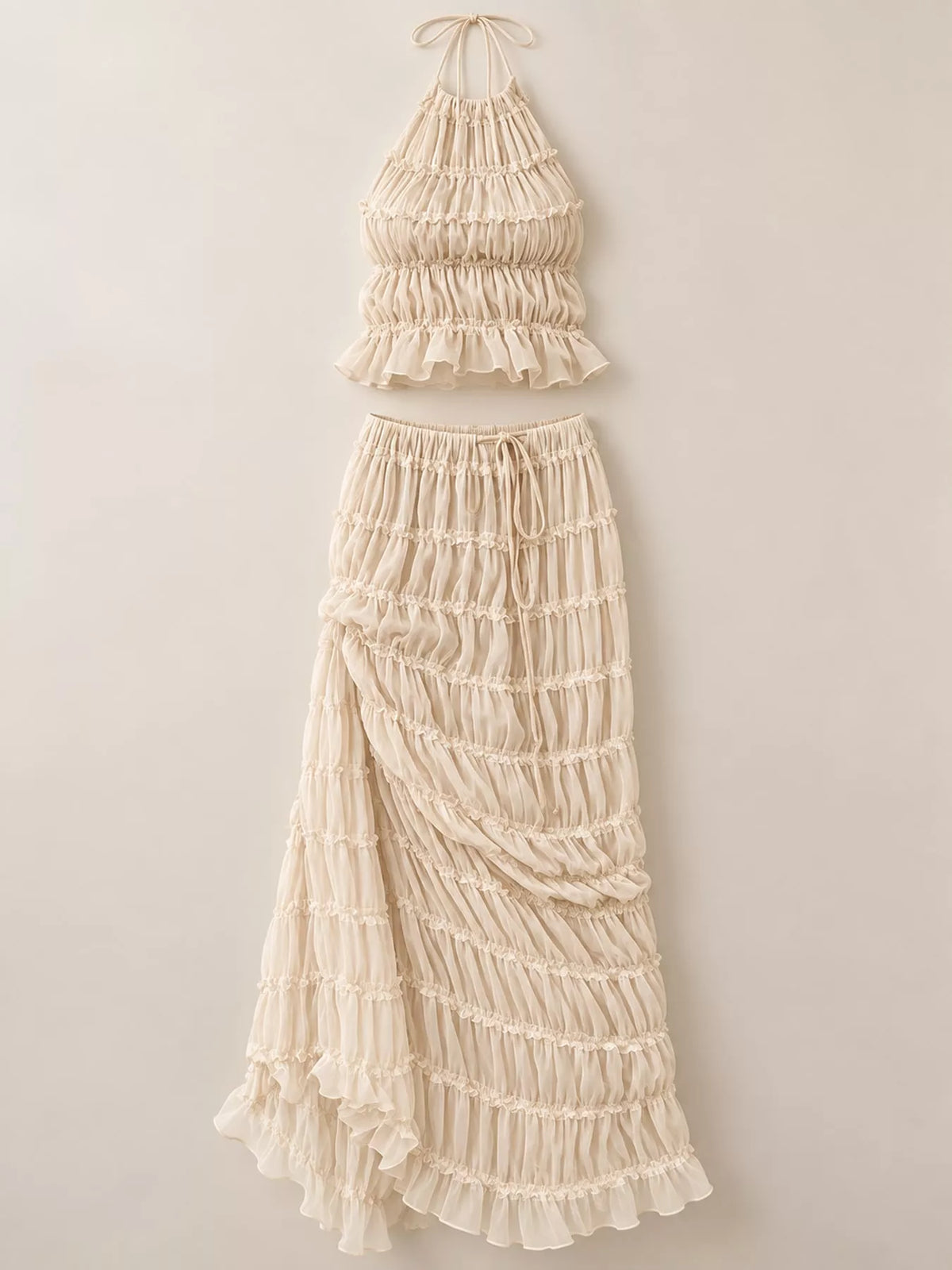 Milky white ruffled halter crop top and tiered maxi skirt set, front view
