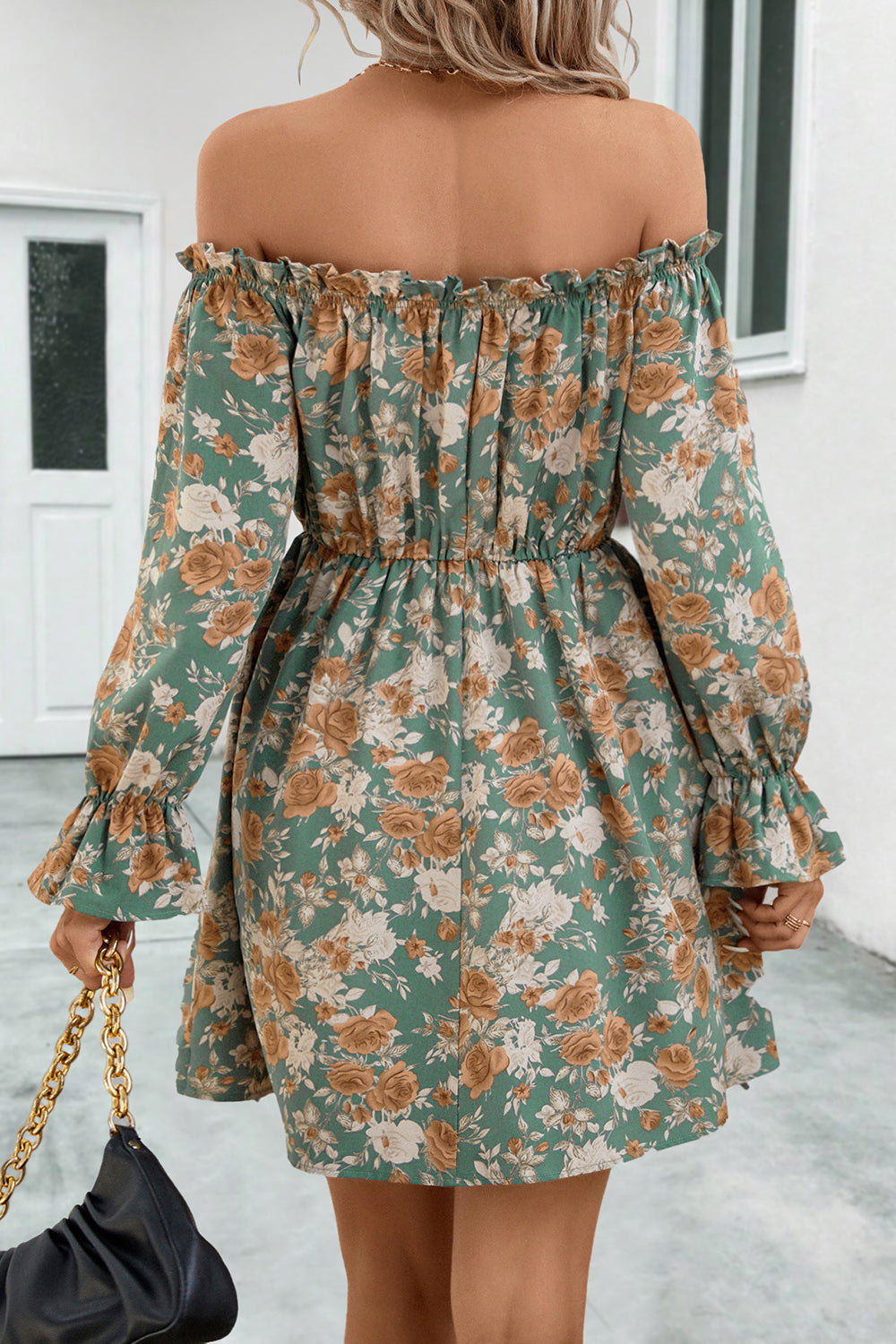 Light green floral off-shoulder dress, back view, gathered waist and long flounce sleeves