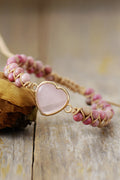 Dusty pink heart beaded bracelet with gold-tone rose quartz heart charm