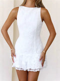 Cedar & Moore Lace Ruffle Hem Mini Dress, white lace, sleeveless.