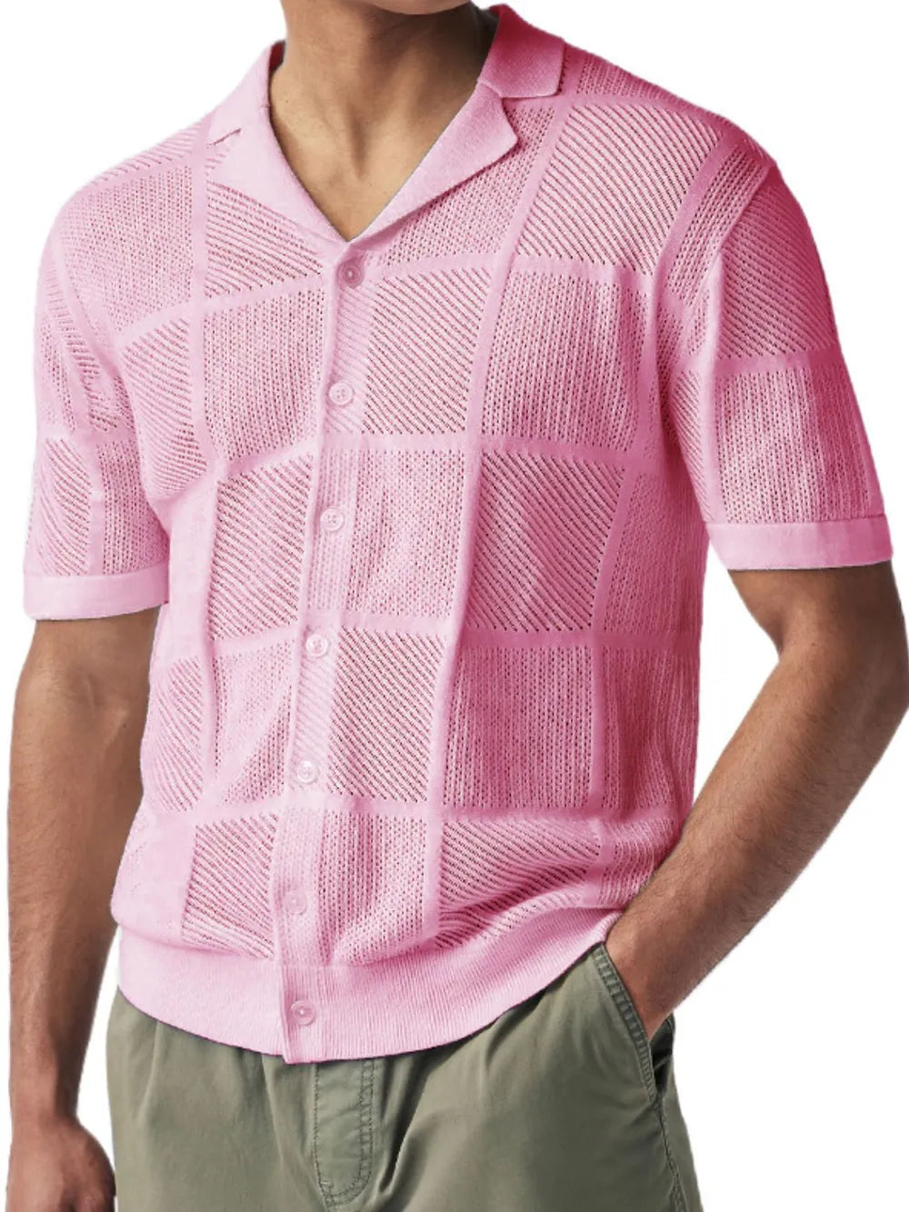 Pink button-down checkered eyelet knit shirt with short sleeves and front buttons