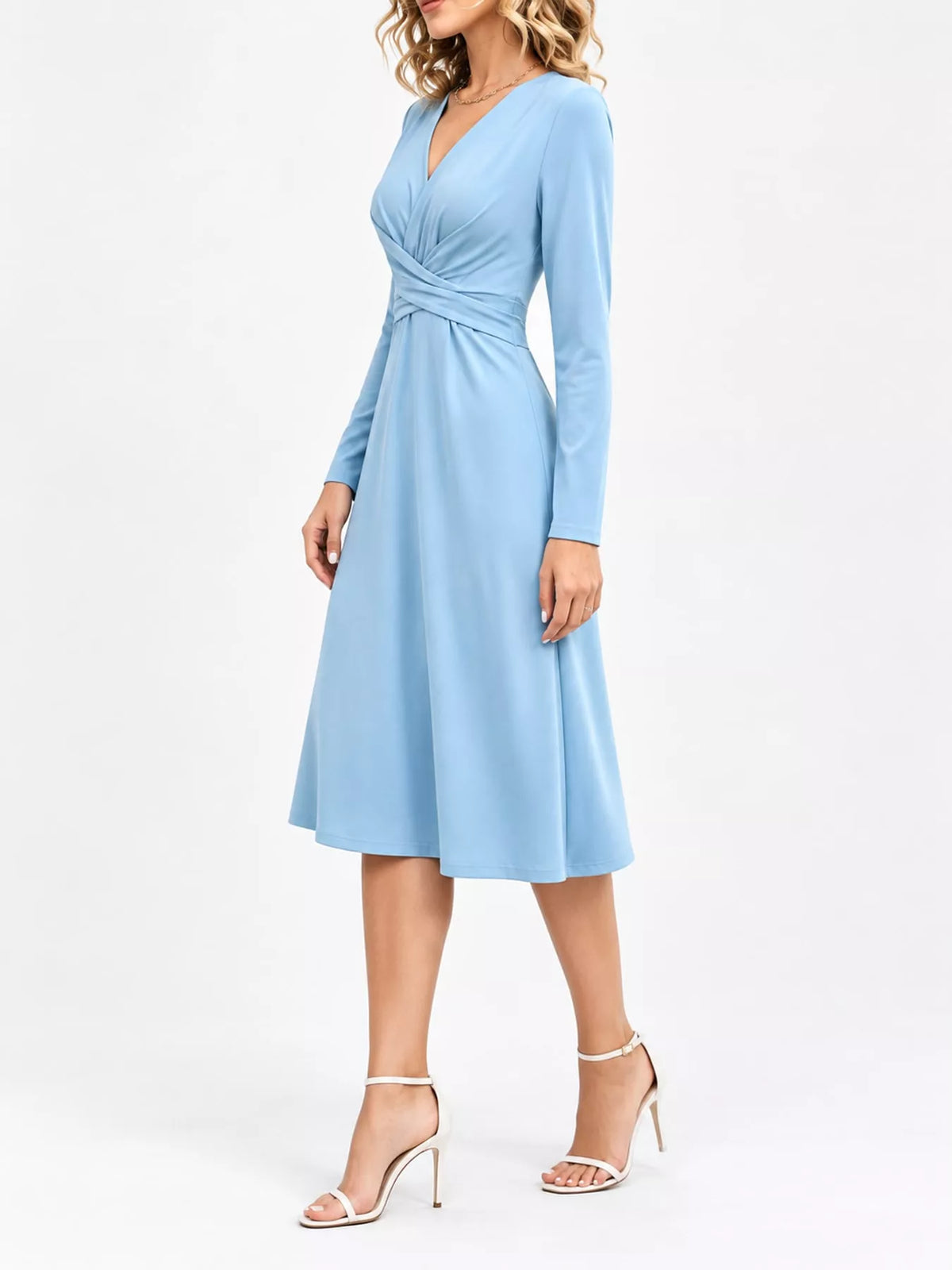 Light blue ruched midi dress with crisscross V-neck and long sleeves, full view