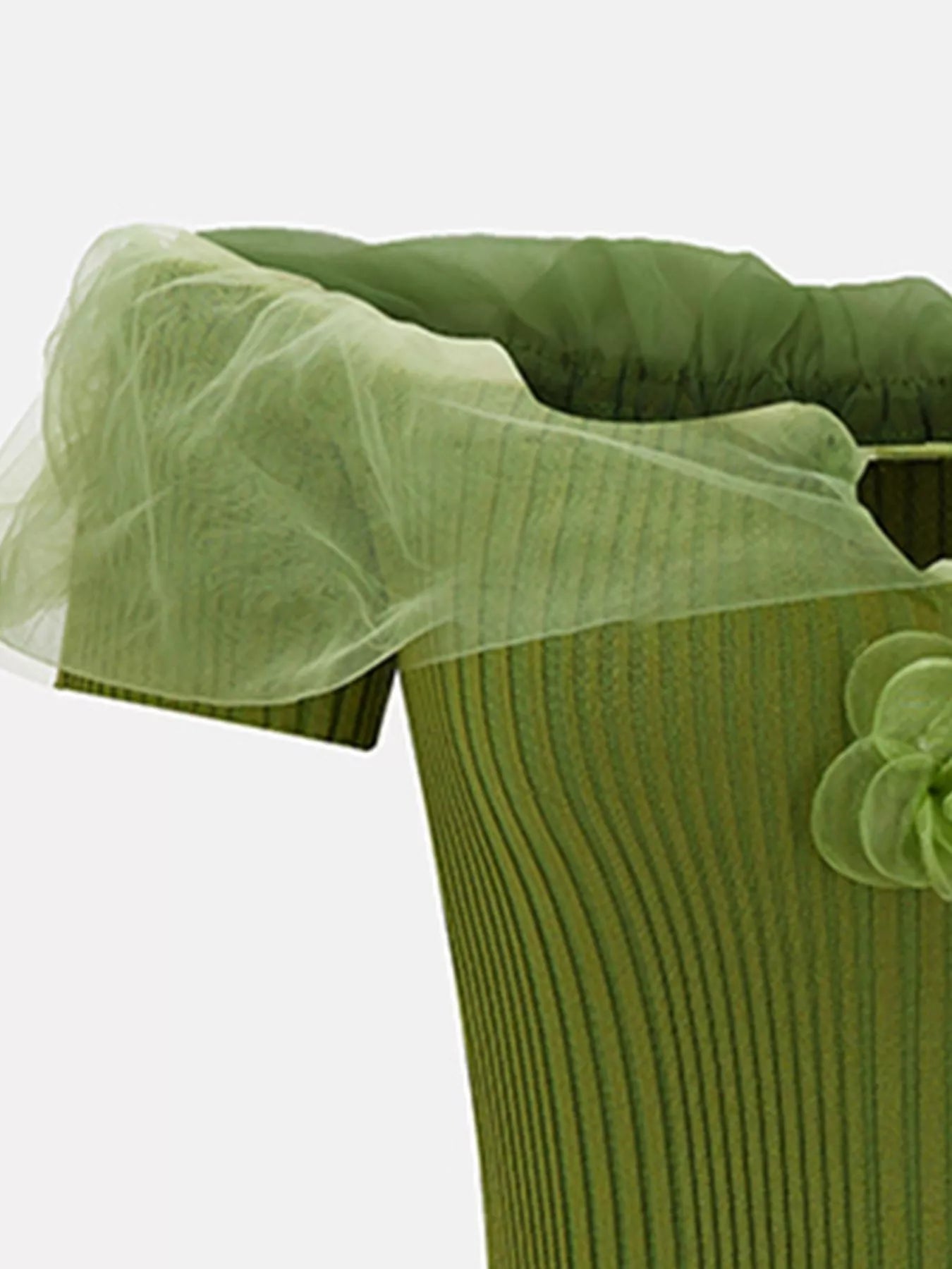 Cedar & Moore Ribbed knit off-shoulder top in green with ruffle trim.