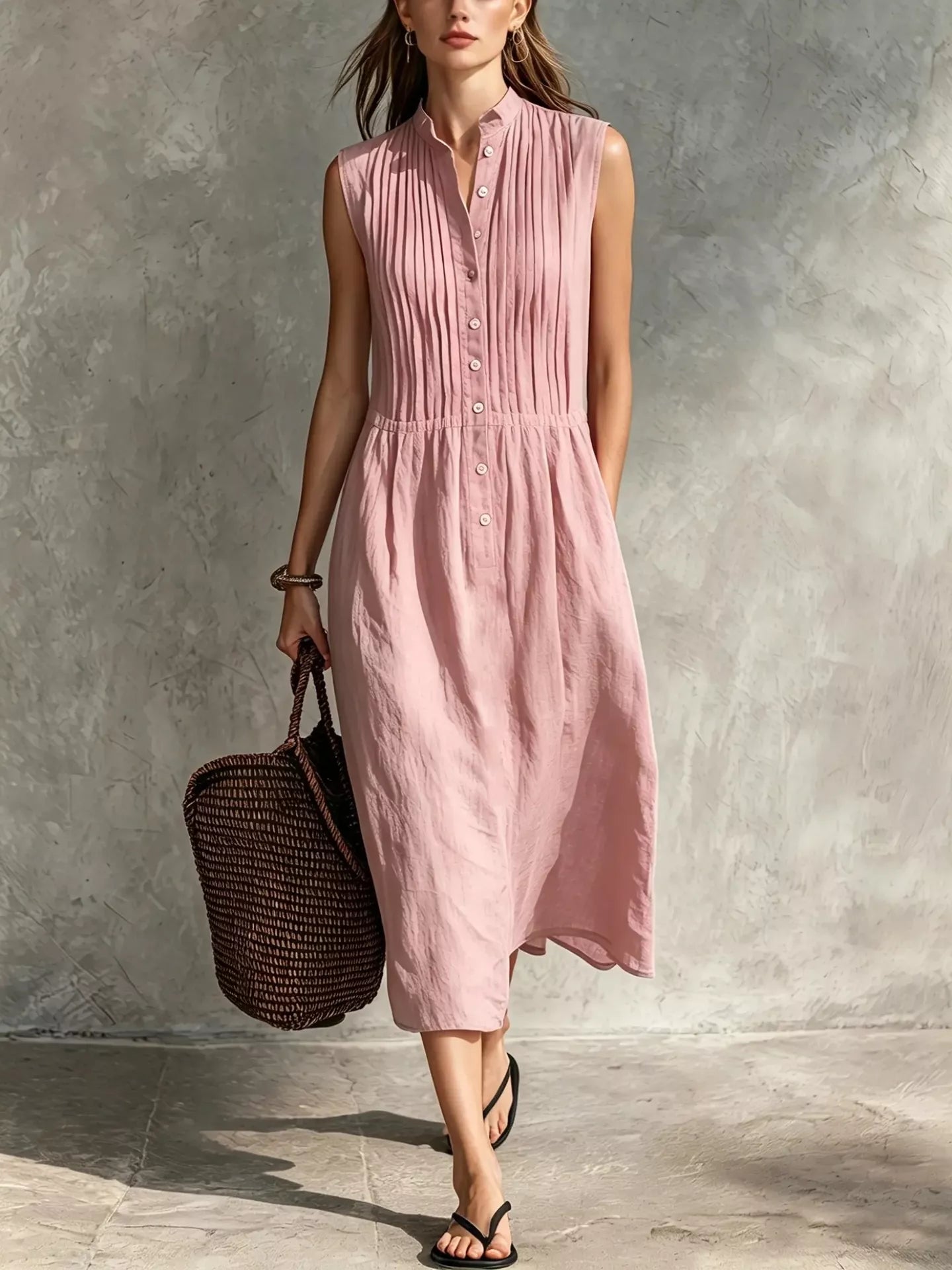 Light pink sleeveless button-front midi dress with vertical pleats/pintucks and gathered waist