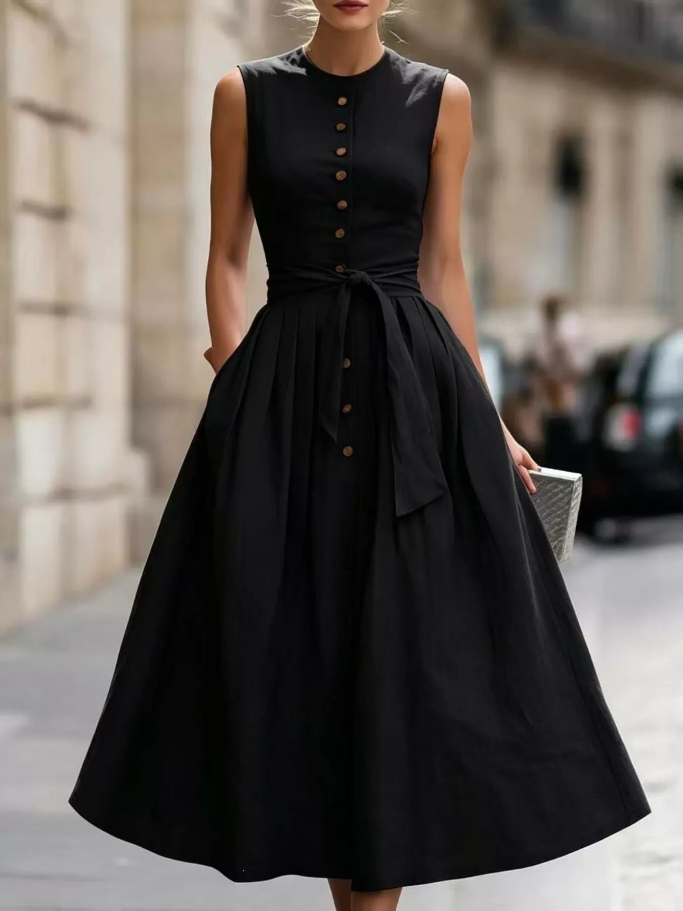 Black sleeveless button-front belted midi dress with tied waist belt and full skirt