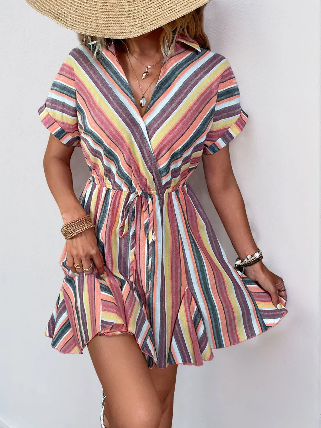Striped surplice short-sleeve dress in multicolor stripes by Trendsi