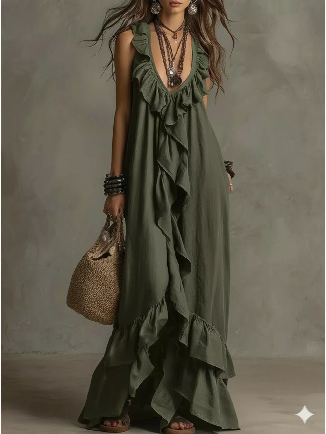 Sleeveless olive green maxi dress with layered ruffle tiers along the skirt