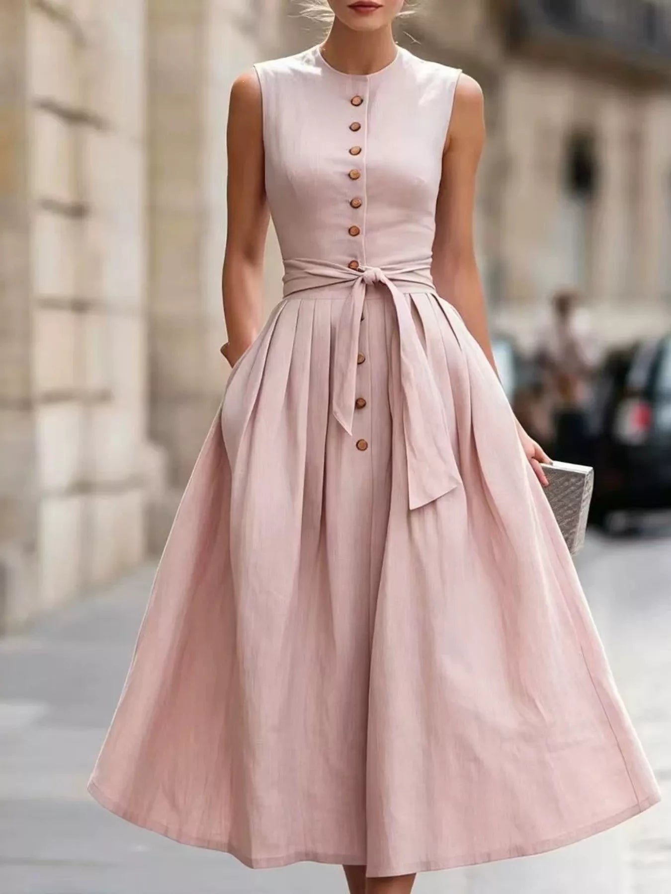 Peach sleeveless button-front belted midi dress with tied waist belt and full skirt