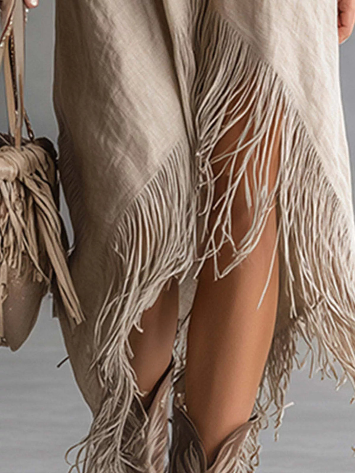 Camel midi dress hem detail with long tassel fringe