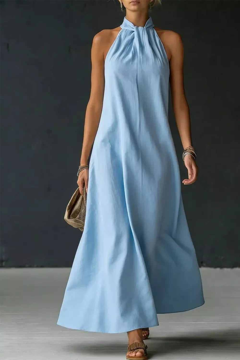 Cedar & Moore Halter Neck Sleeveless Maxi Dress in light blue by Trendsi with no slit