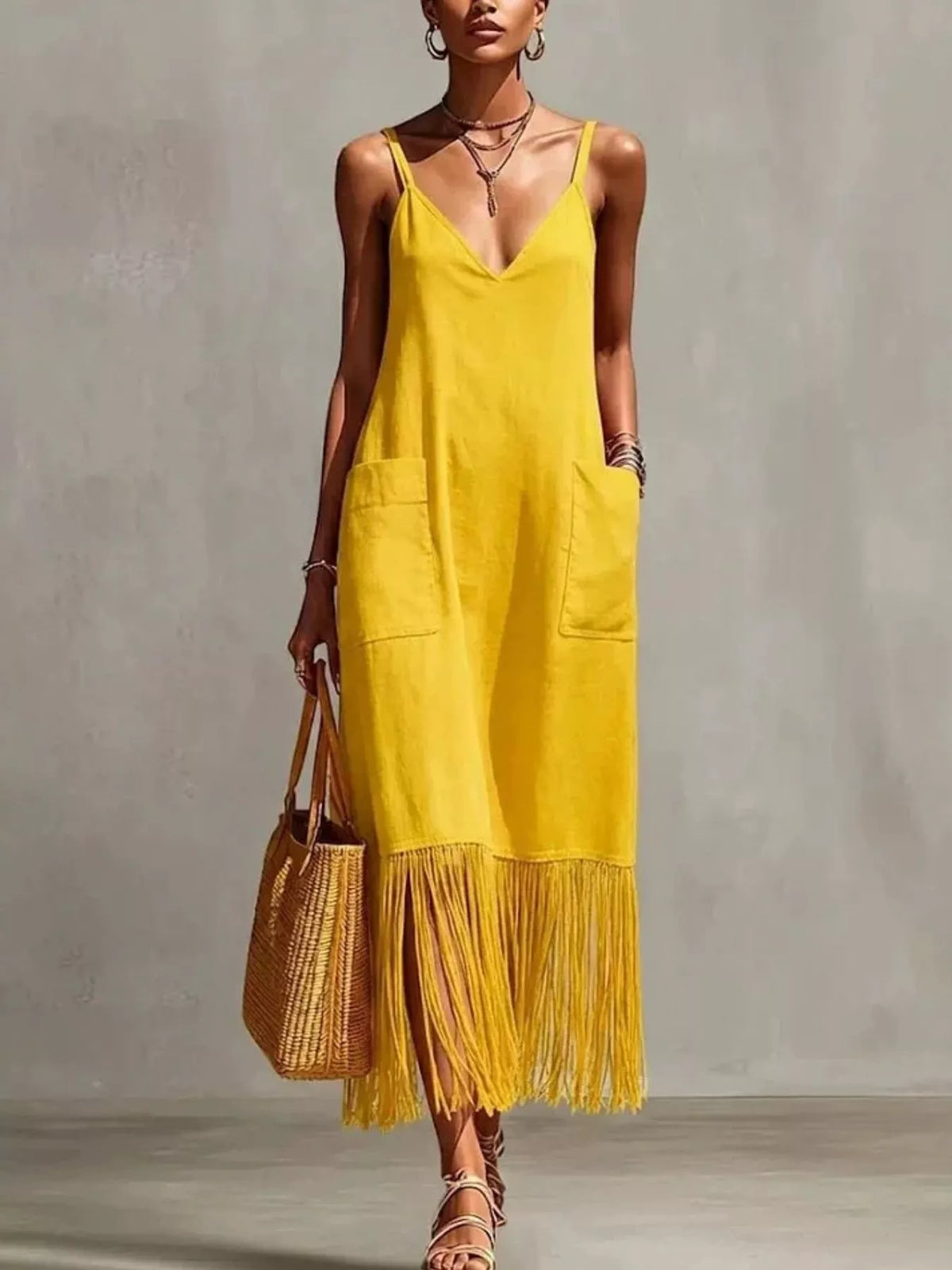 Yellow V-neck spaghetti strap dress with two front pockets and fringe hem