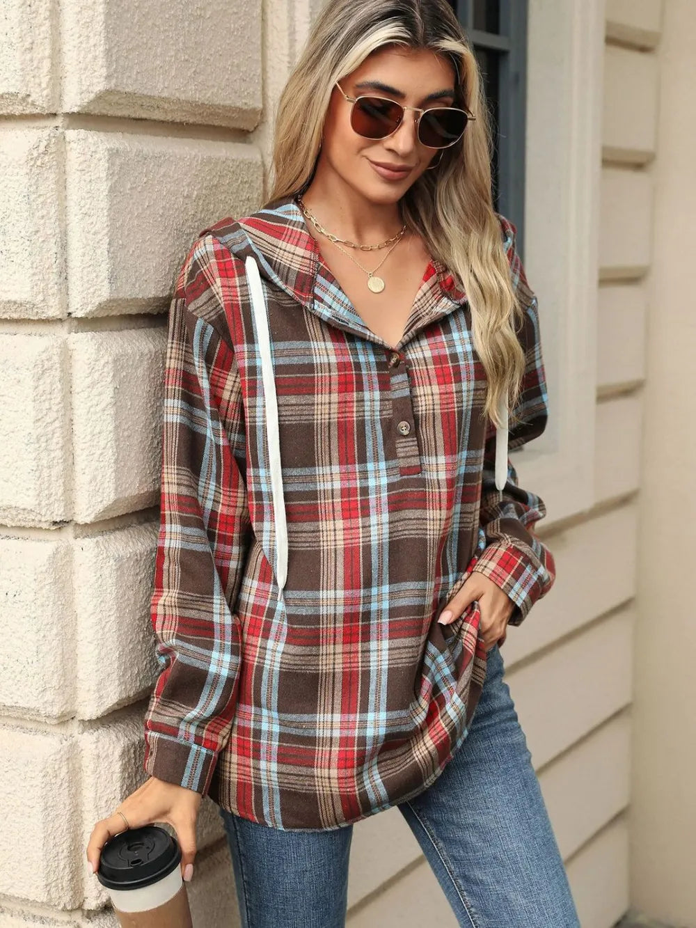 Multicolor plaid hooded long-sleeve top with drawstring, button front, and front pocket