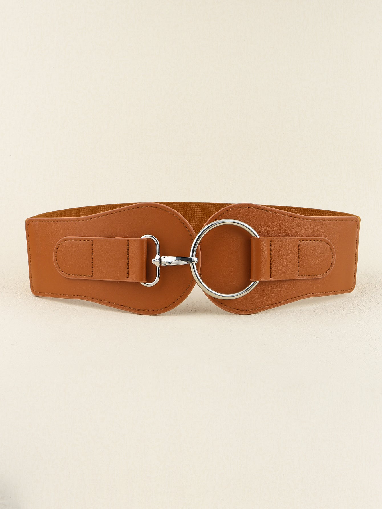 Caramel vegan leather wide elastic belt with O-ring buckle, adjustable end tabs