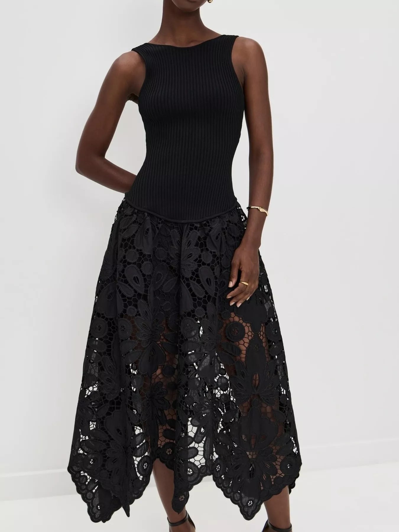 Cedar & Moore sleeveless black ribbed crochet midi dress with floral lace overlay