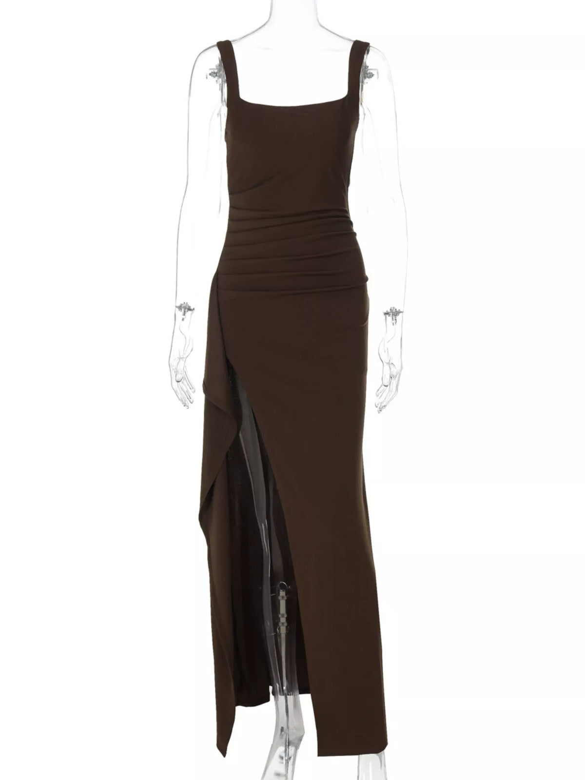 Brown square-neck ruched maxi dress on mannequin with side slit and drape panel