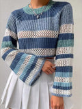 Striped color block crop sweater with openwork knit and ribbed crew neckline