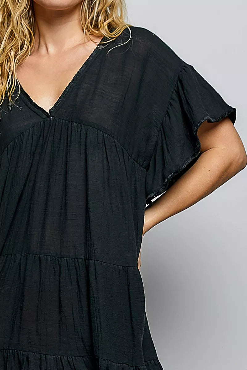 Black cotton V-neck shirred bodice detail with short ruffle sleeves