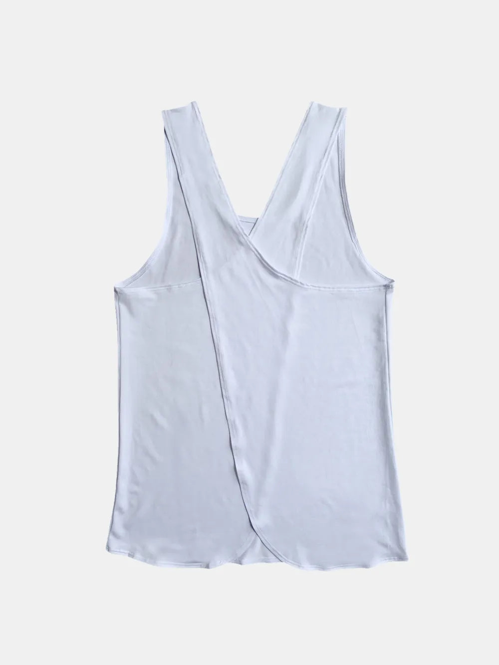Light blue sleeveless active tank top with V-back crossover detail