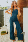 Dark denim spaghetti strap wide-leg jumpsuit with sweetheart neckline and front seams