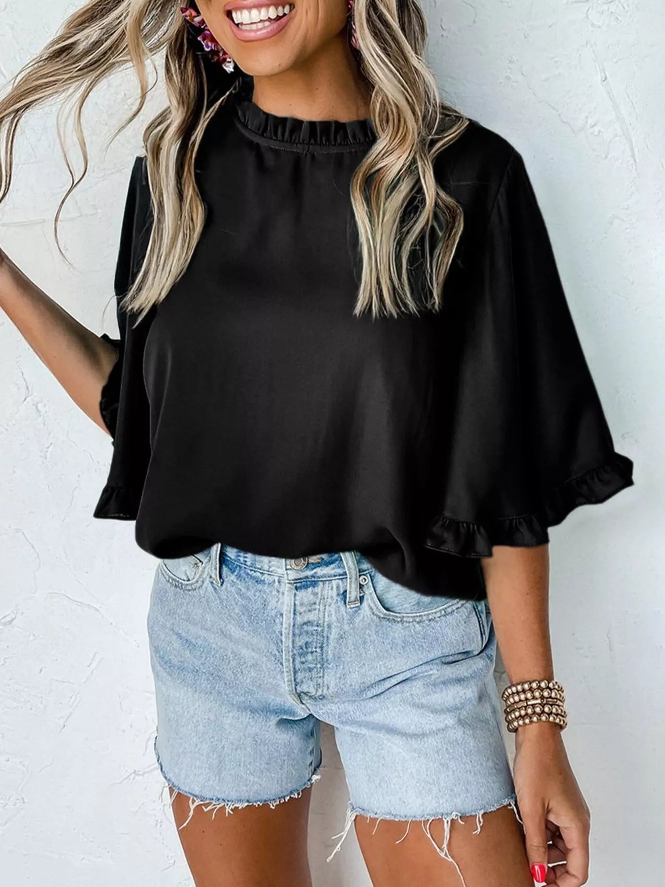 Ruffle Trim Half Sleeve Blouse in black satin-like fabric