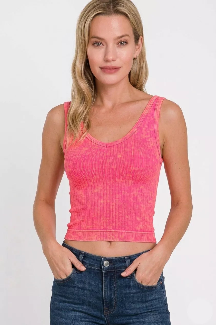 Cedar & Moore Zenana washed ribbed seamless cropped V-neck tank top in coral fuchsia