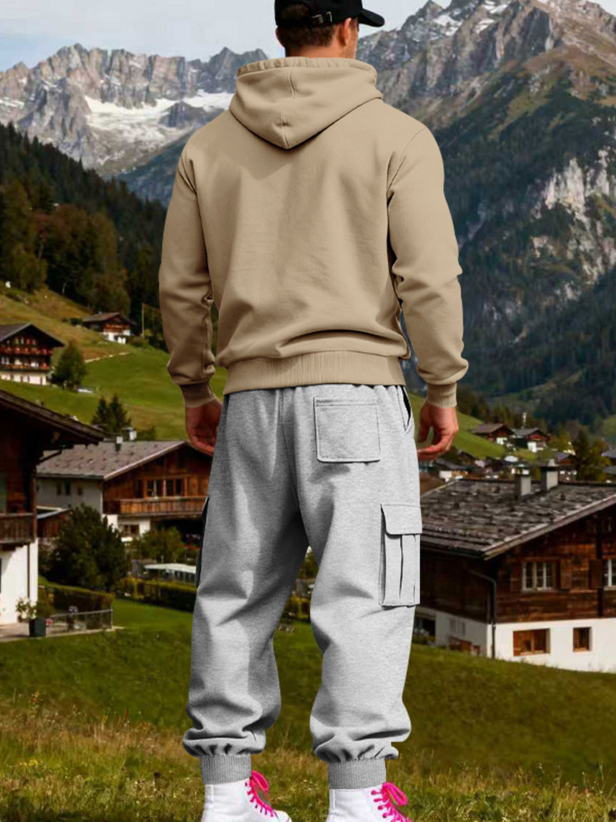 Tan two-piece set back view: hooded kangaroo hoodie with drawstring, gray sweatpants