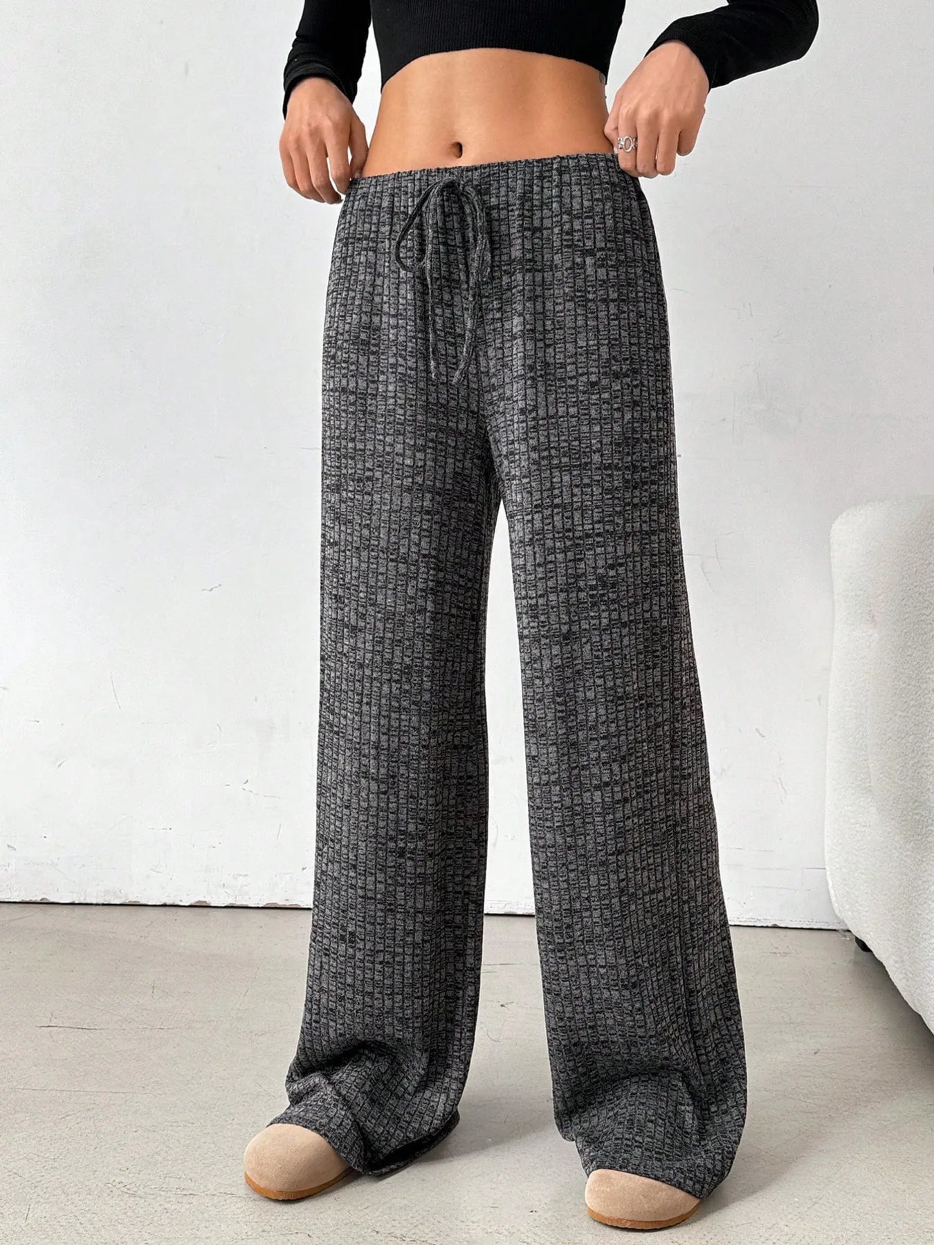 Dark gray textured striped wide-leg drawstring pants, full length view