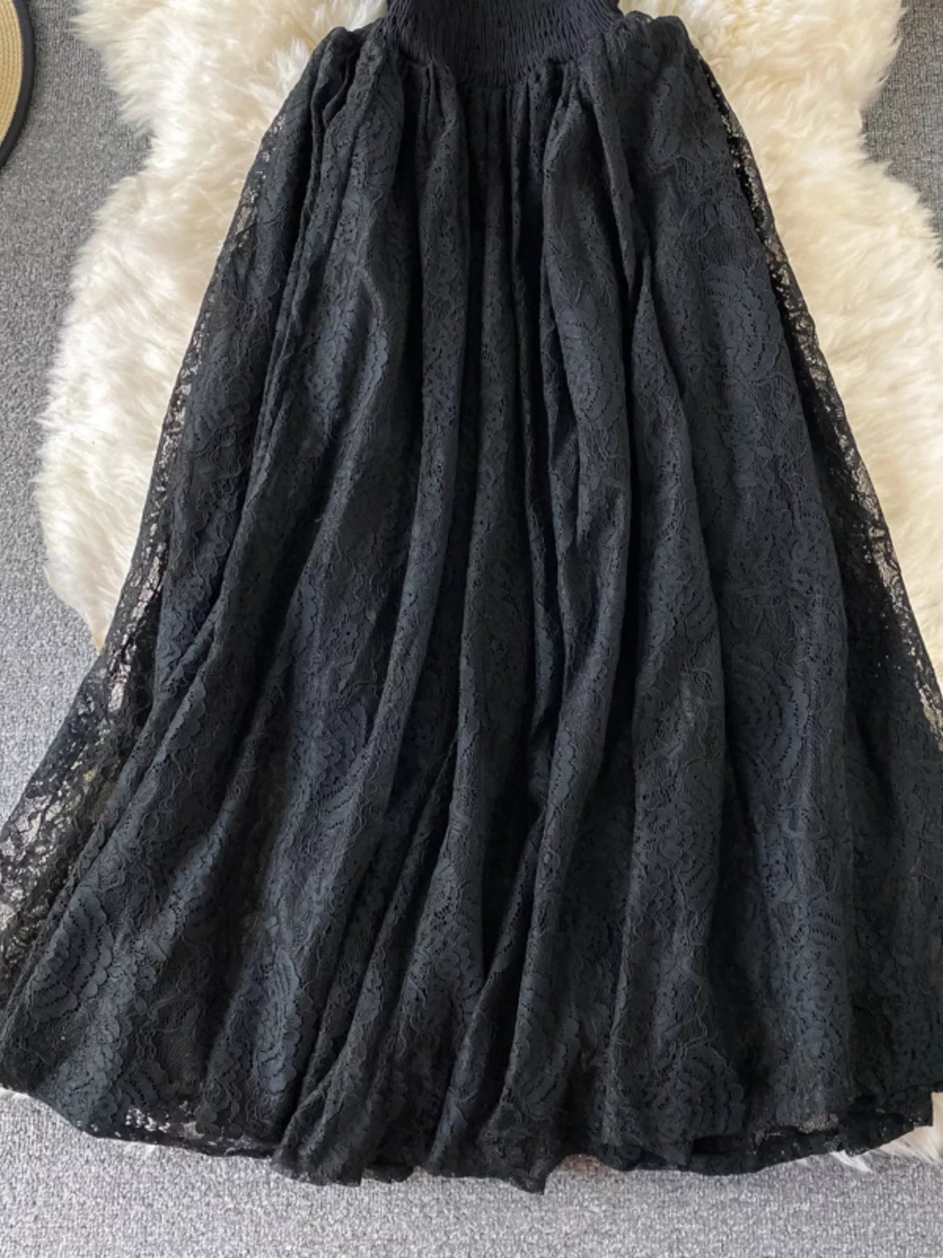 Cedar & Moore black lace maxi dress with ruffled mock neck