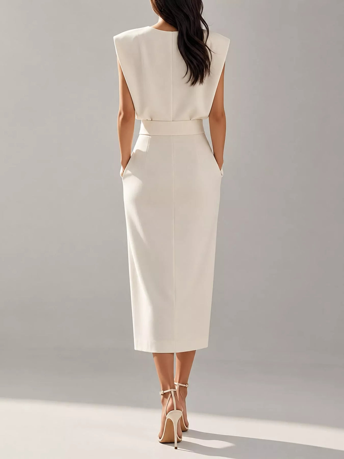 Ivory sleeveless midi dress back view with gold buttons at waist seam