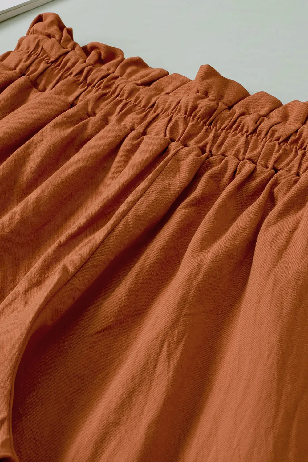 Terracotta drawstring paperbag waist wide-leg pants close-up with gathered waist and pleats.