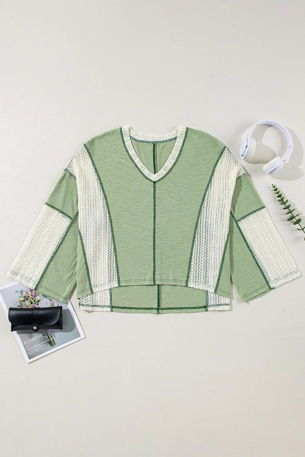 Gum Leaf lace trim contrast V-neck long sleeve blouse, flat lay with cuffed lace panels