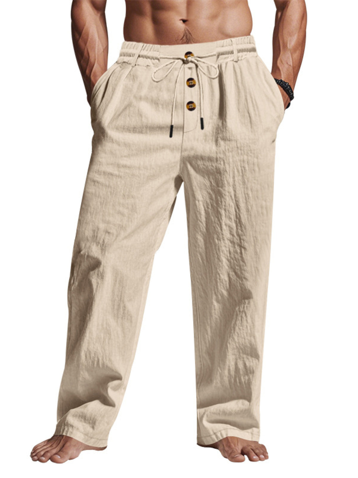 Lightweight men’s drawstring pants in khaki with button placket and relaxed fit