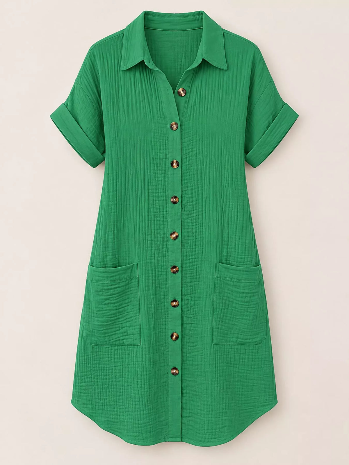 Textured button-up shirt dress with pockets, dark green, short sleeves and button front
