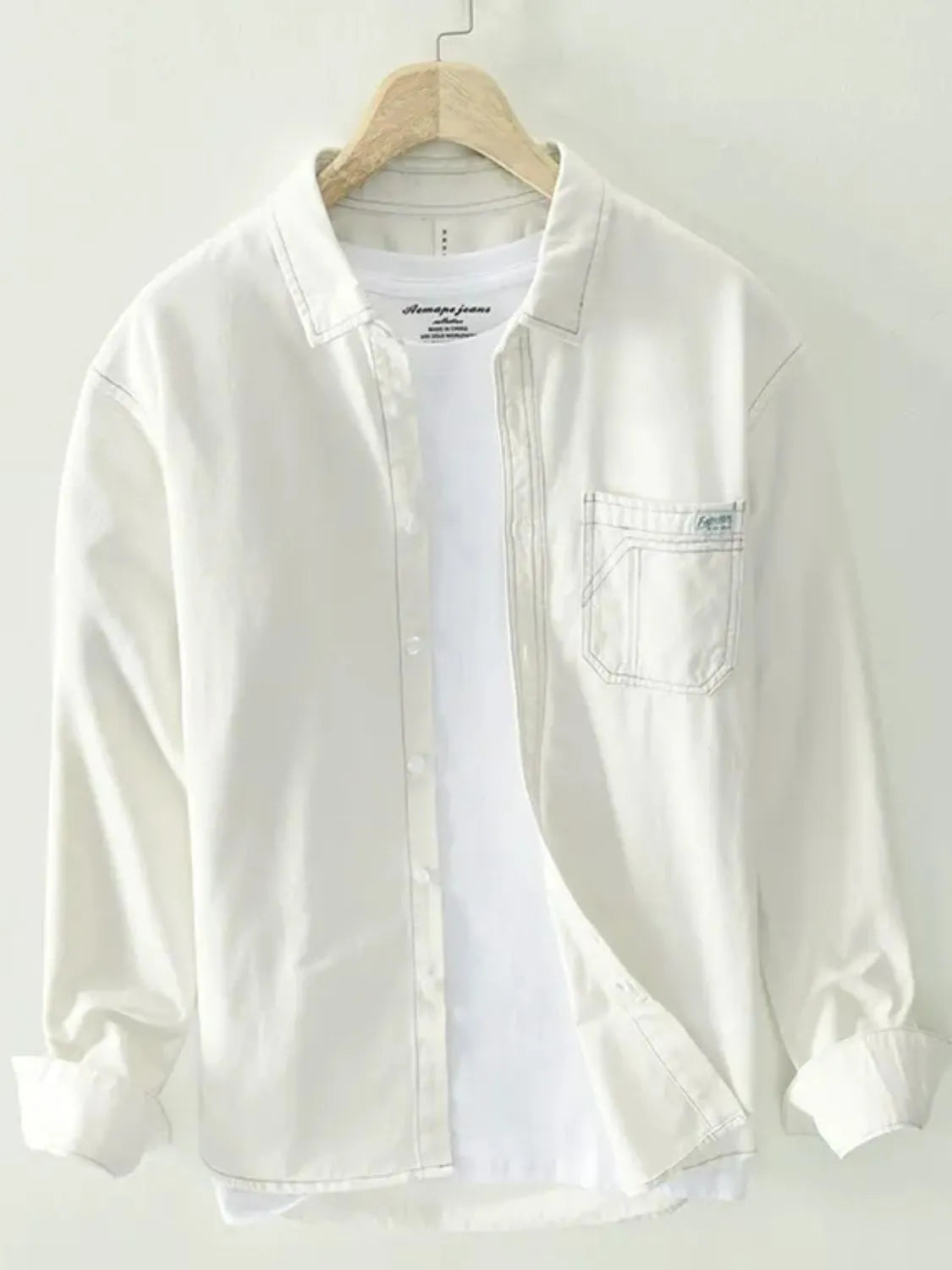 Men's plus size button-up long-sleeve shirt, white with front buttons and chest pocket