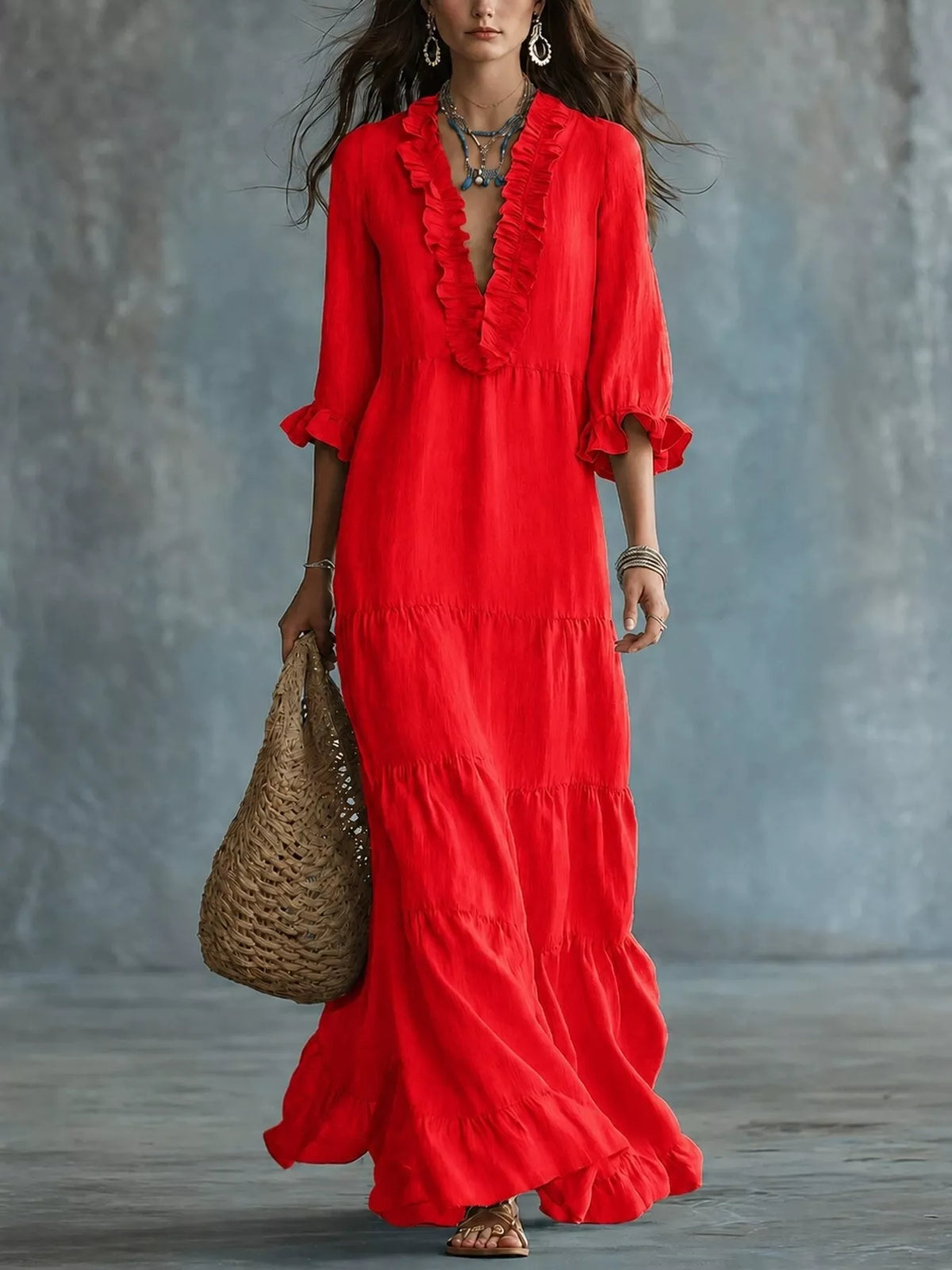 Red ruffled V-neck tiered maxi dress with three-quarter sleeves