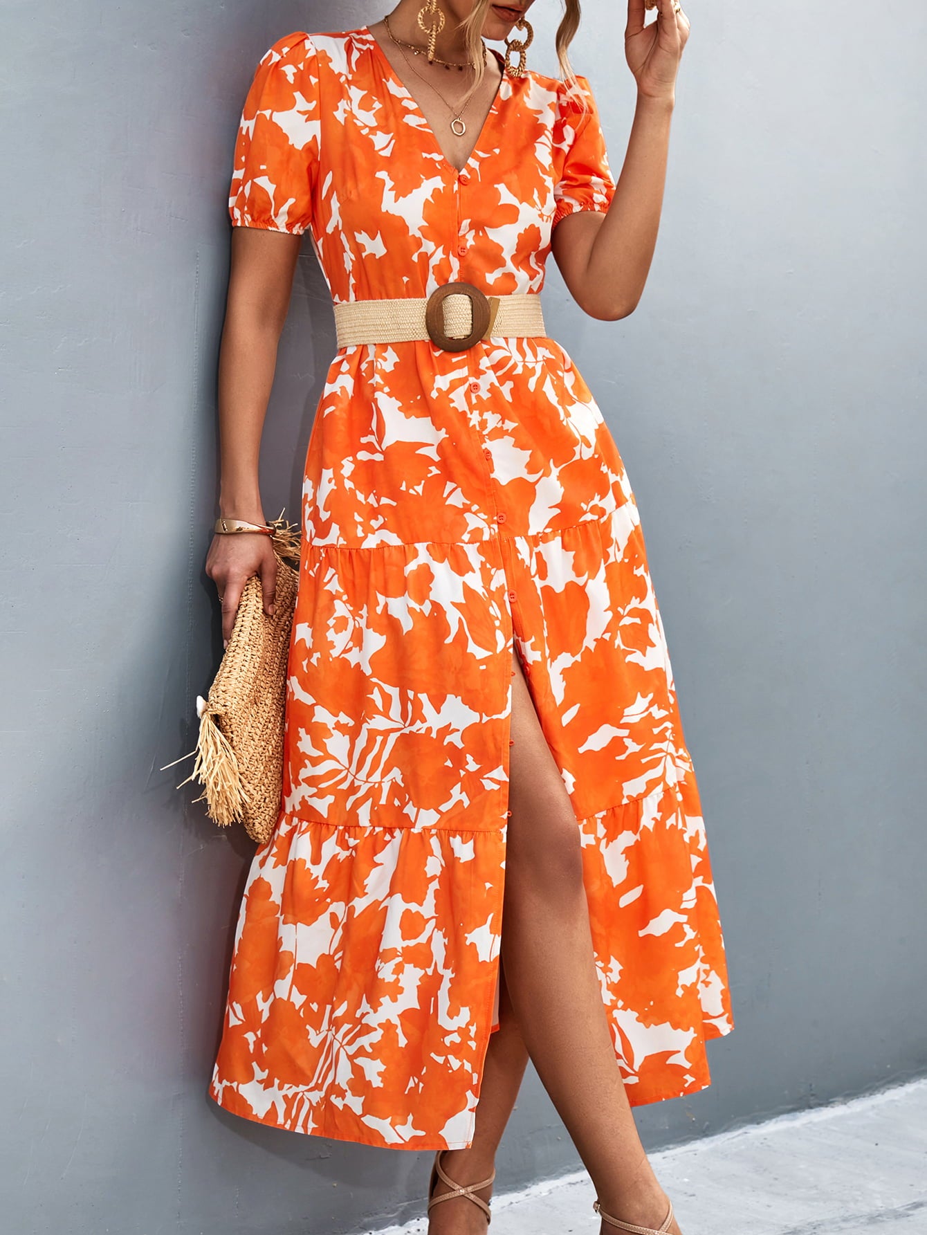 Orange-red V-neck short sleeve midi dress with high slit, tiered skirt and white floral print