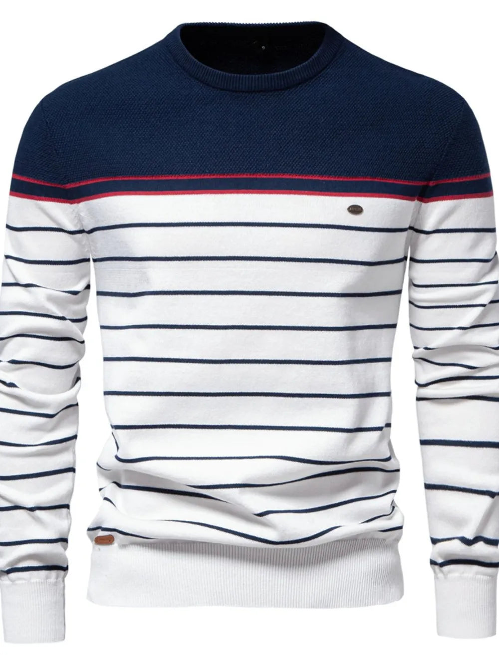 Men's navy striped round-neck long-sleeve sweater, red and white horizontal stripes