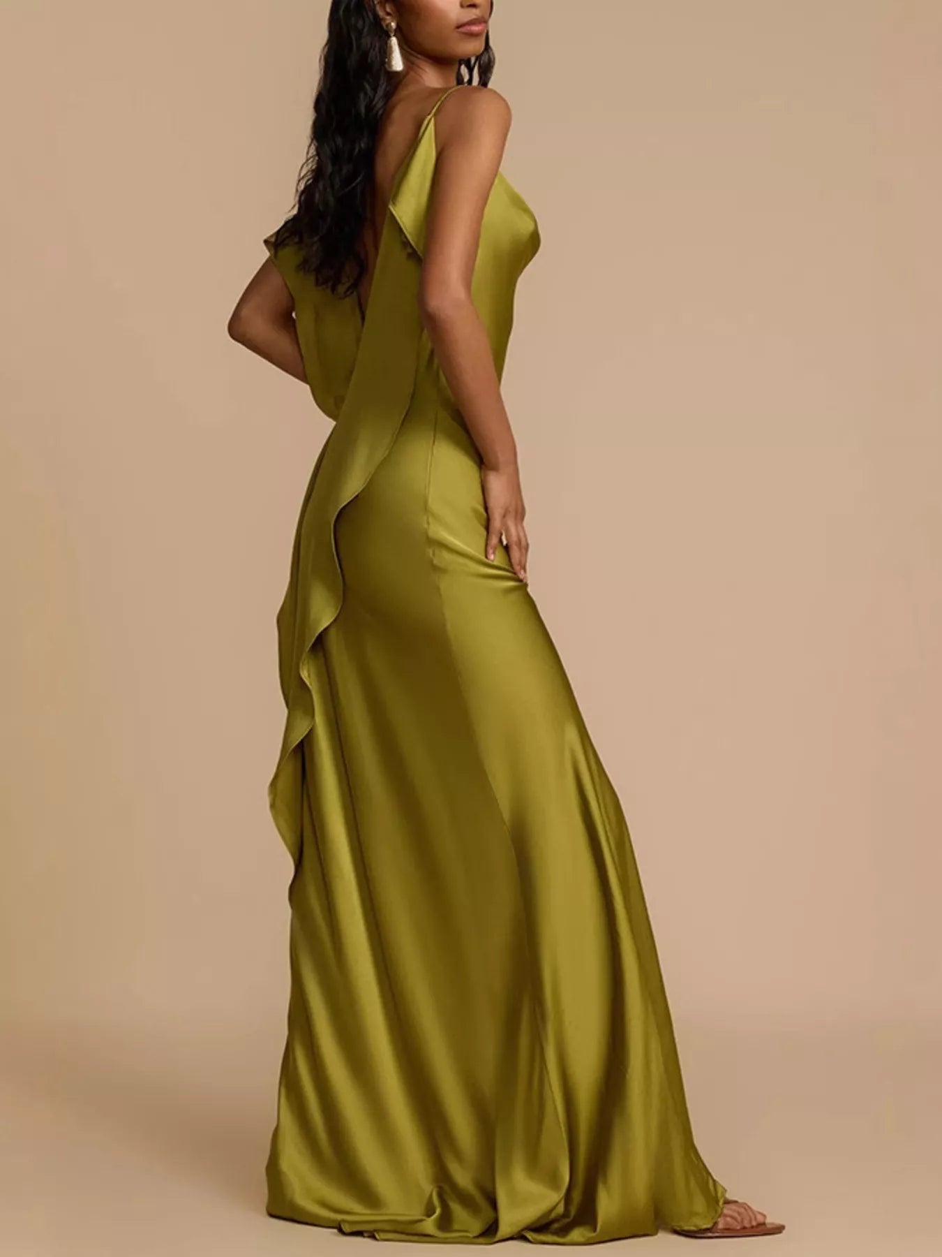 Cedar & Moore Satin Cowl Neck Slit Maxi Dress in olive color, back-draped