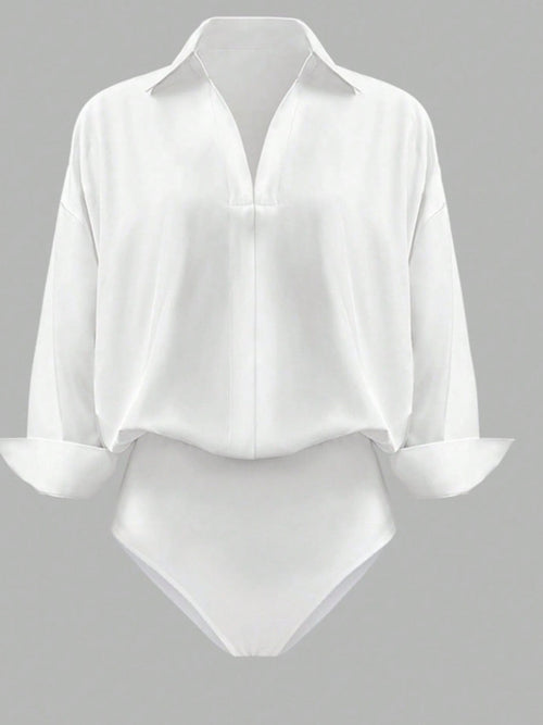 White button-down long-sleeve bodysuit, pointed collar, cuffs, and button front