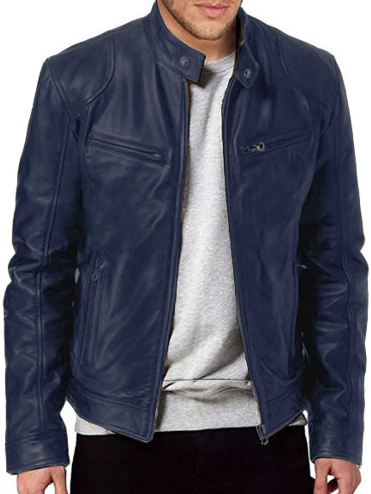 Men's zip-up vegan leather jacket, dark blue, stand collar with front zip and chest pockets