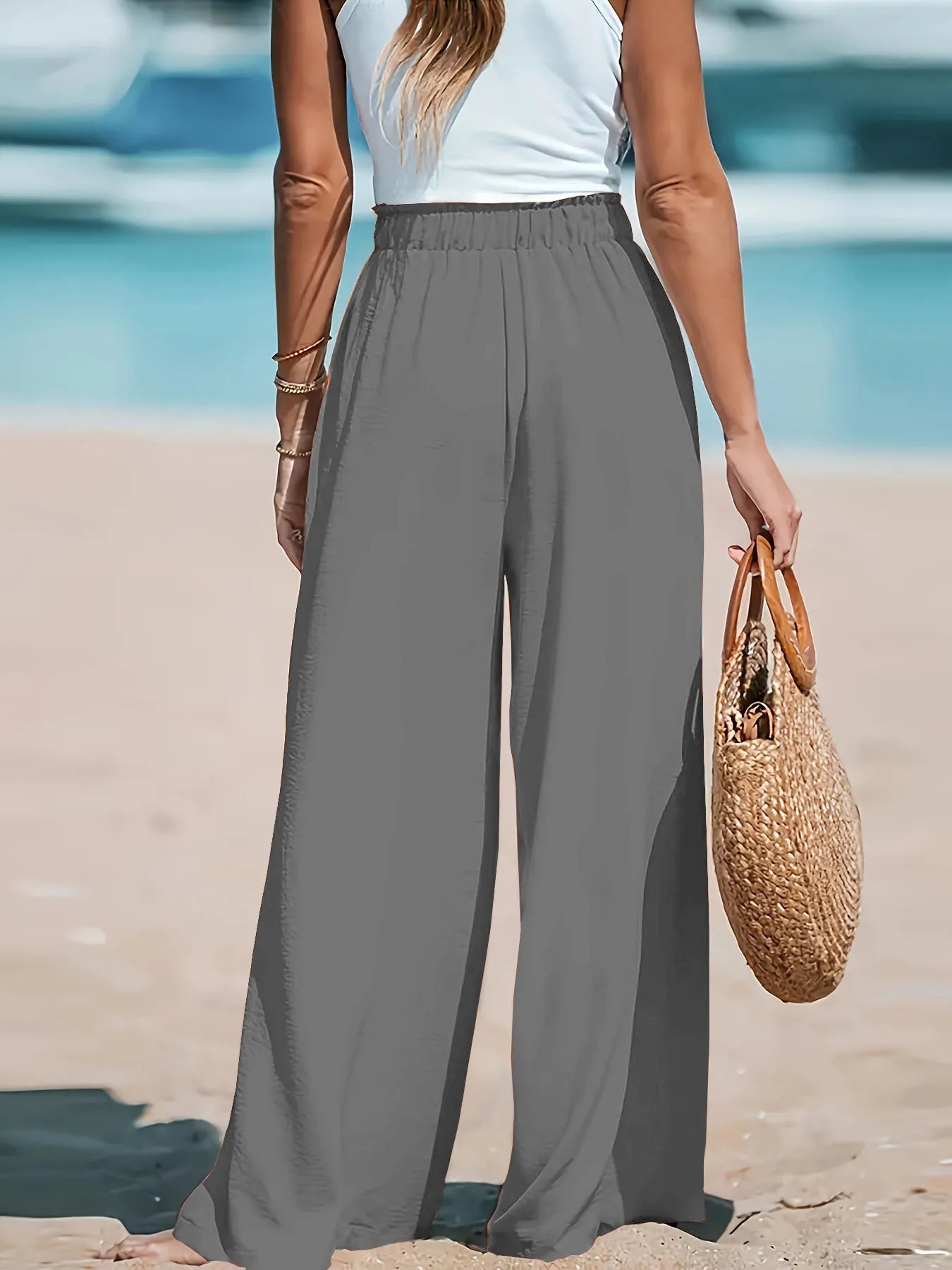 Wide-leg drawstring waist pants, dark gray