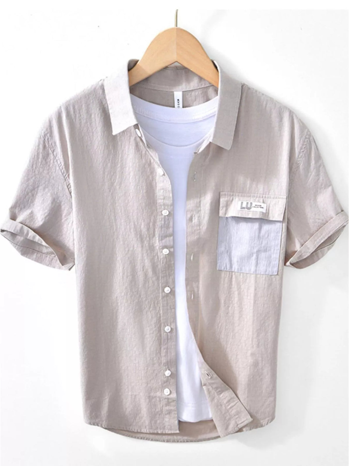 Men's short-sleeve button-down shirt, khaki with chest patch pocket