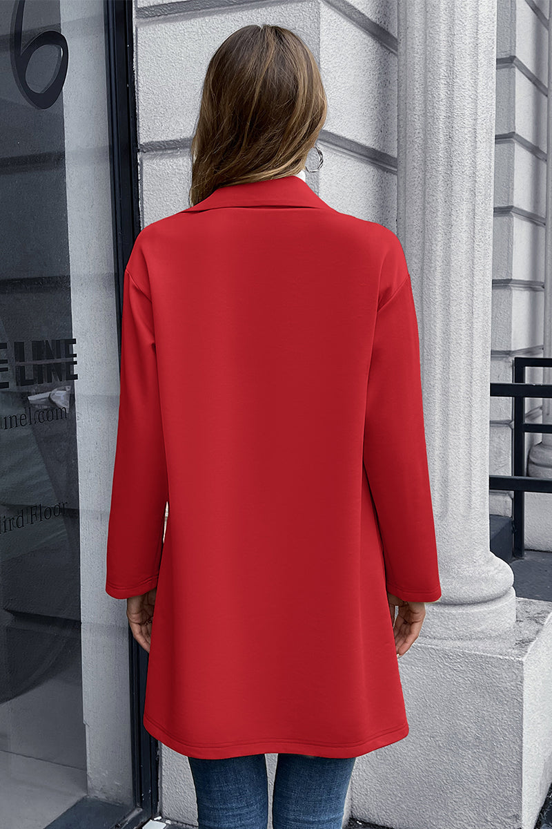 Red long sleeve blazer from back view with straight hem and clean lapel neckline