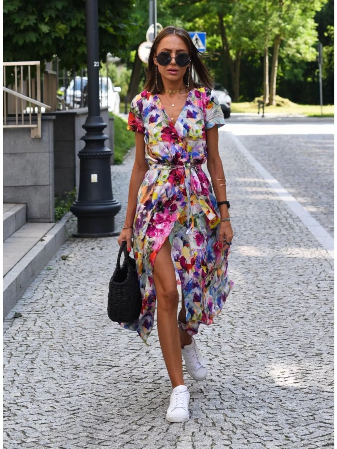 Multicolor floral midi wrap dress with short sleeves, surplice V-neck, and high side slit