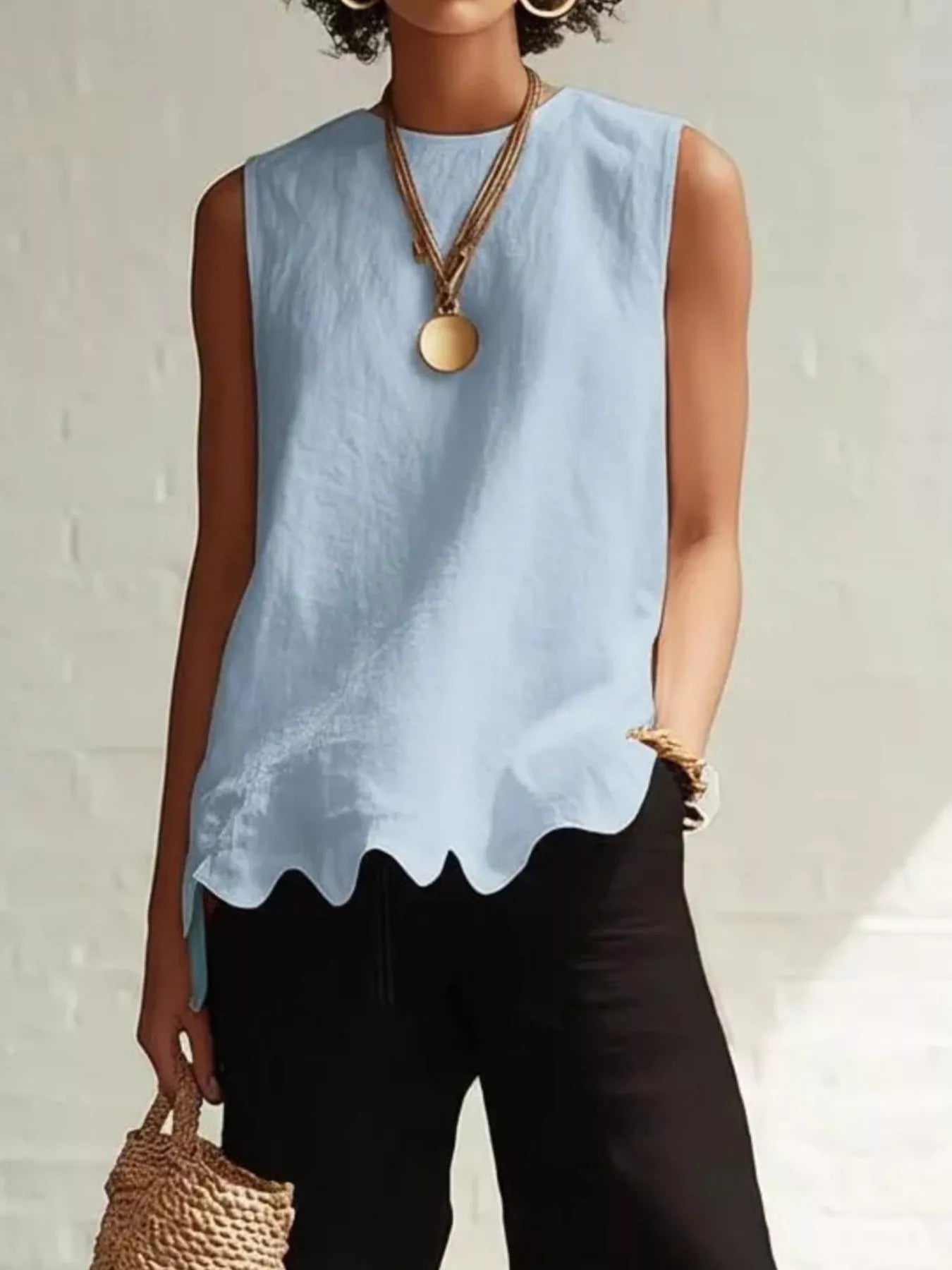 Plus size sleeveless tank top with scalloped hem, light blue solid knit